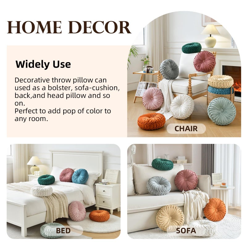 Teieas Round Throw Pillow Velvet Home Decoration Pleated Round Pillow Cushion for Couch Chair Bed Car Orange - Image 4